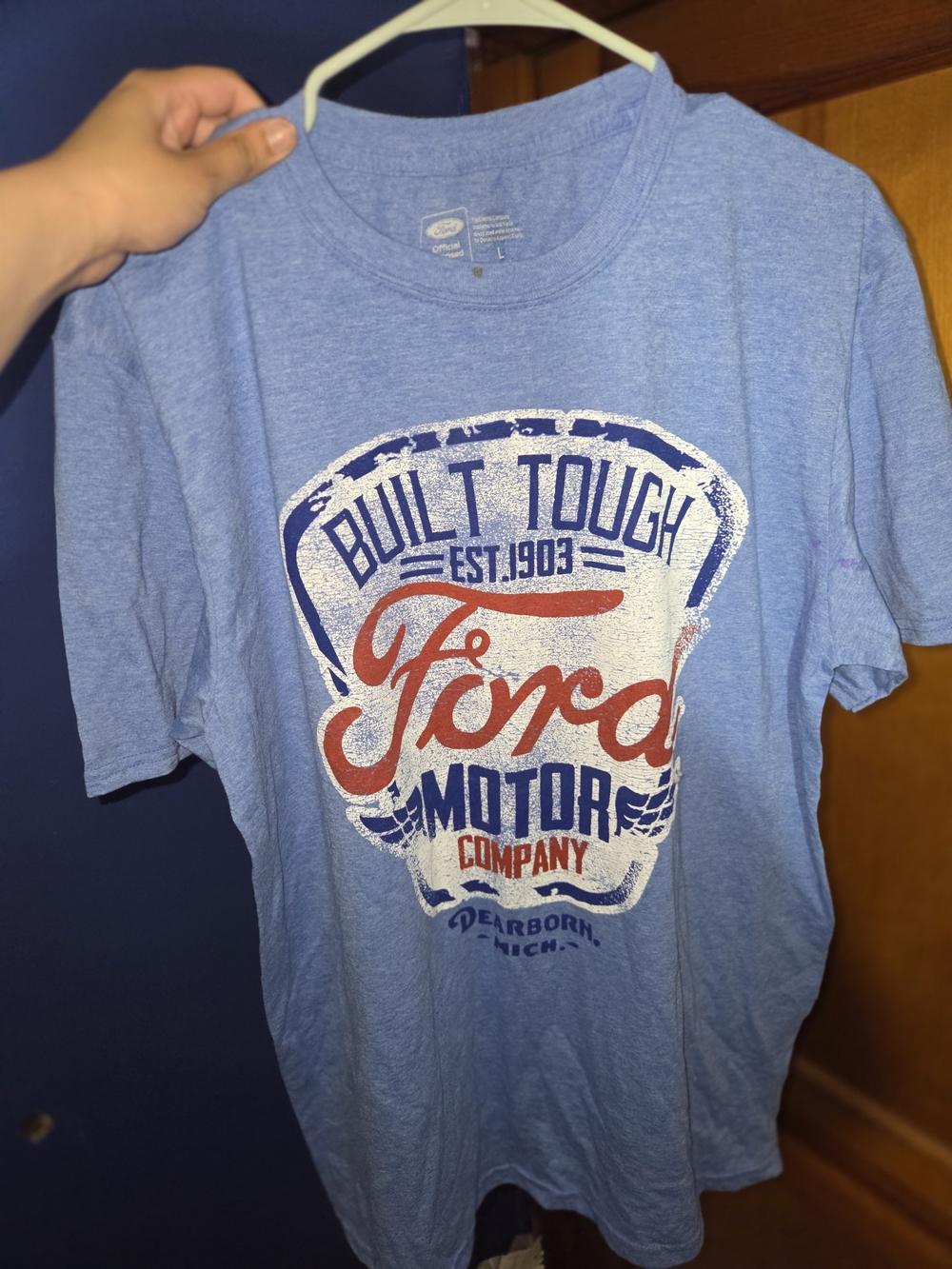 Ford Light Blue Short Sleeve Graphic Tee with Red and Navy Logo